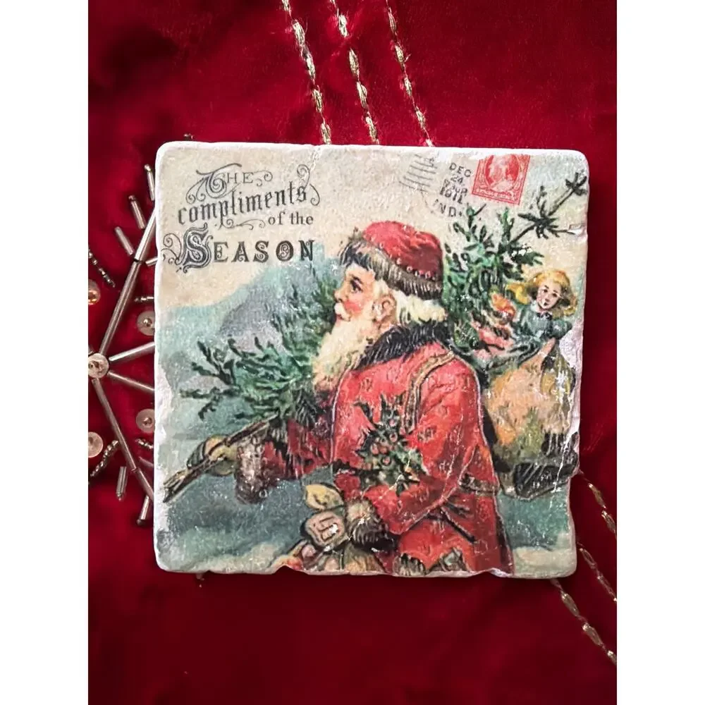 Studio Vertu Handmade Victorian Christmas Santa 4” Coaster Set Made USA Gift